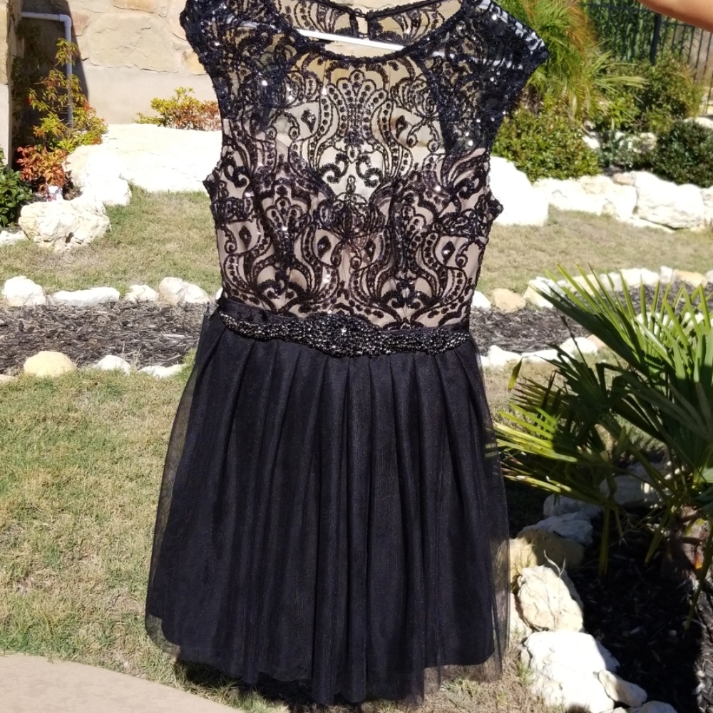 Black Sequin, Beaded, Chiffon Cocktail Dress